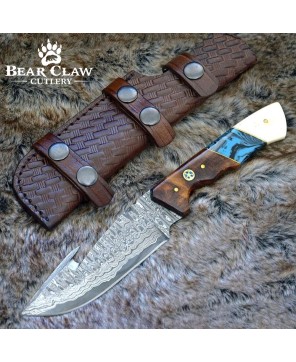 Hand-Forged Damascus Gut Hook Knife with Rosewood Handle