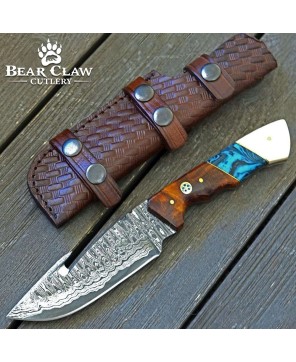 Hand-Forged Damascus Gut Hook Knife with Rosewood Handle