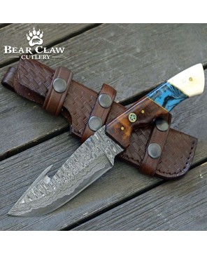 Hand-Forged Damascus Gut Hook Knife with Rosewood Handle