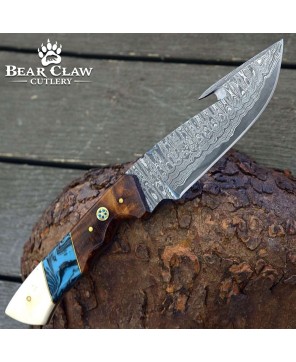 Hand-Forged Damascus Gut Hook Knife with Rosewood Handle