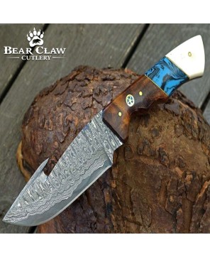 Hand-Forged Damascus Gut Hook Knife with Rosewood Handle