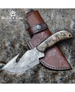 Damascus Gut Hook Knife with Ram Horn & Turquoise Handle