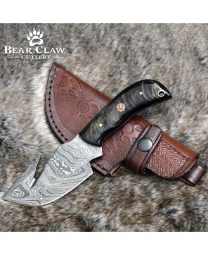 Damascus Gut Hook Knife with Ram Horn & Turquoise Handle