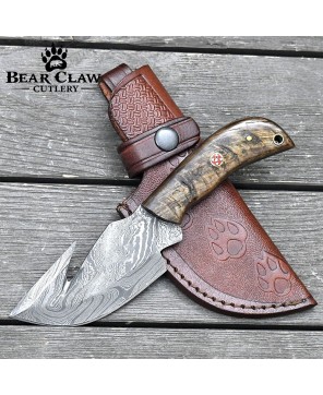 Damascus Gut Hook Knife with Ram Horn & Turquoise Handle