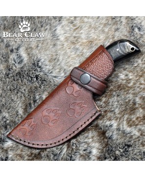 Damascus Gut Hook Knife with Ram Horn & Turquoise Handle