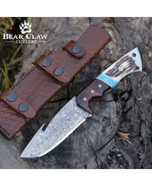 Thunder Damascus Gut Hook Knife | Stag Horn & Exotic Wood