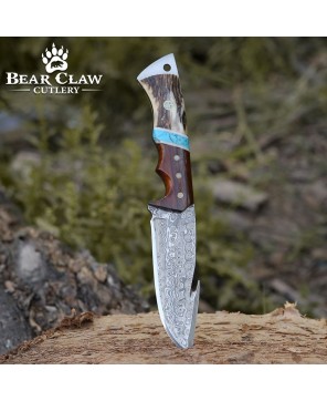 Thunder Damascus Gut Hook Knife | Stag Horn & Exotic Wood