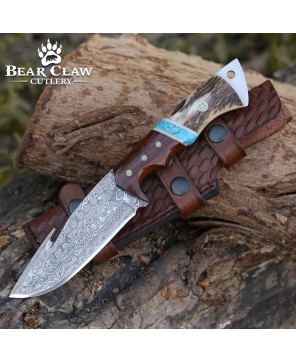 Thunder Damascus Gut Hook Knife | Stag Horn & Exotic Wood