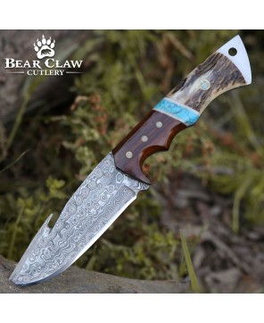 Thunder Damascus Gut Hook Knife | Stag Horn & Exotic Wood