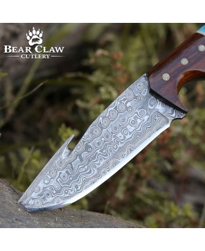 Thunder Damascus Gut Hook Knife | Stag Horn & Exotic Wood