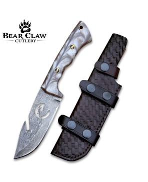 Fusion Gut Hook Hunting Knife | Damascus Steel & Pearl Handle