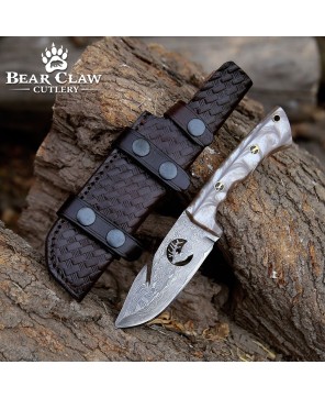 Fusion Gut Hook Hunting Knife | Damascus Steel & Pearl Handle