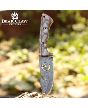 Fusion Gut Hook Hunting Knife | Damascus Steel & Pearl Handle