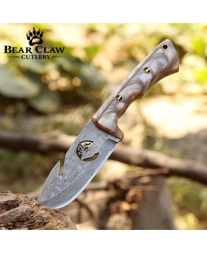 Fusion Gut Hook Hunting Knife | Damascus Steel & Pearl Handle