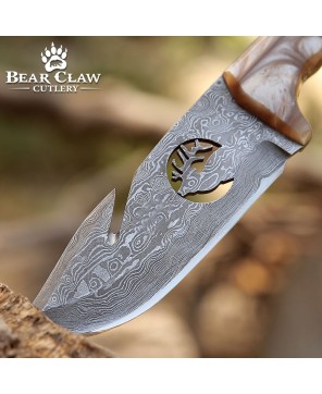 Fusion Gut Hook Hunting Knife | Damascus Steel & Pearl Handle