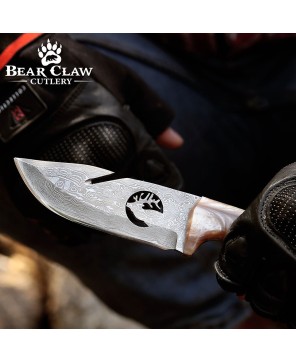 Fusion Gut Hook Hunting Knife | Damascus Steel & Pearl Handle