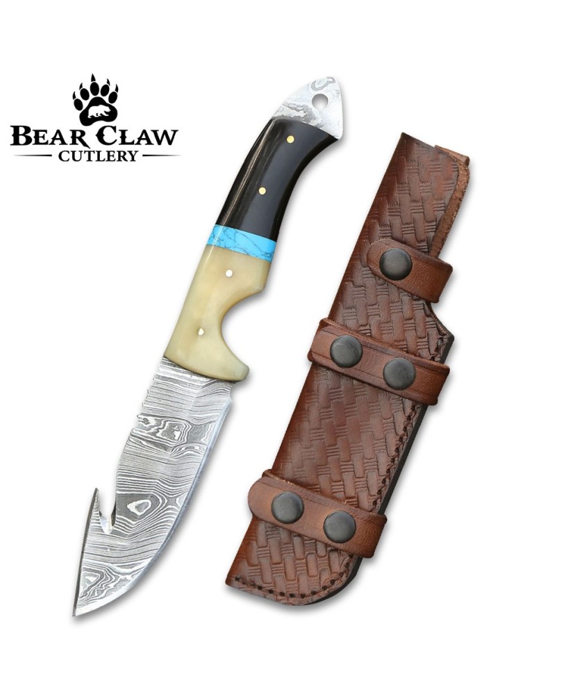 Synapse Damascus Hunting Knife | Gut Hook & Turquoise Handle