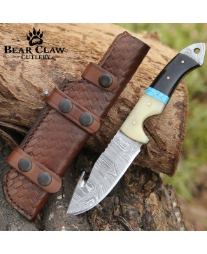 Synapse Damascus Hunting Knife | Gut Hook & Turquoise Handle