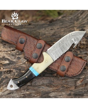 Synapse Damascus Hunting Knife | Gut Hook & Turquoise Handle