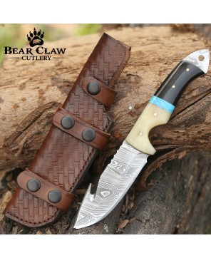 Synapse Damascus Hunting Knife | Gut Hook & Turquoise Handle