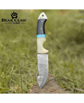 Synapse Damascus Hunting Knife | Gut Hook & Turquoise Handle