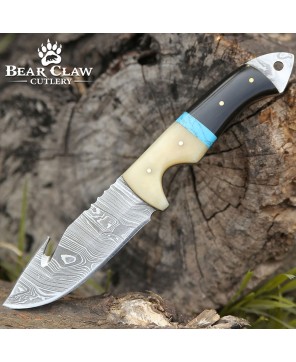 Synapse Damascus Hunting Knife | Gut Hook & Turquoise Handle