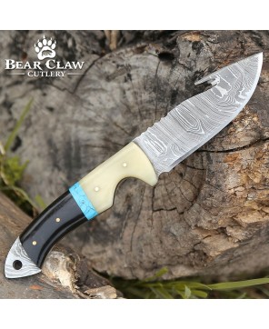 Synapse Damascus Hunting Knife | Gut Hook & Turquoise Handle