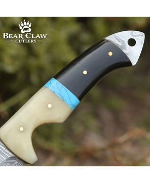 Synapse Damascus Hunting Knife | Gut Hook & Turquoise Handle