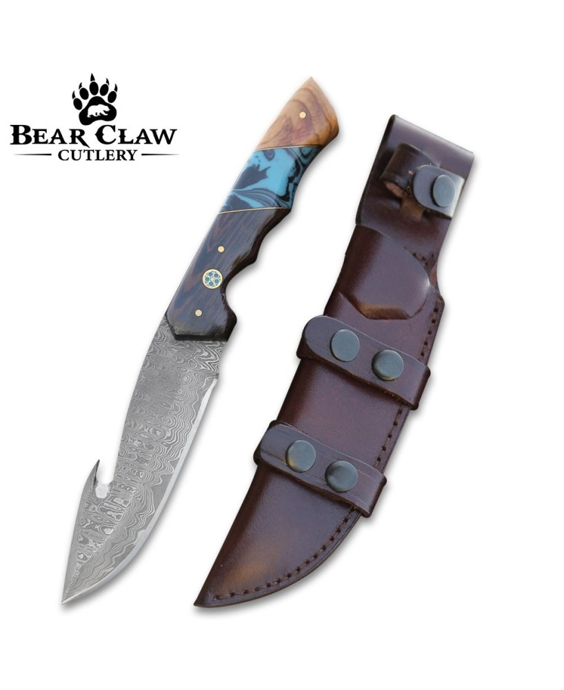 Damascus Gut Hook Knife with Wenge Wood & Turquoise Handle