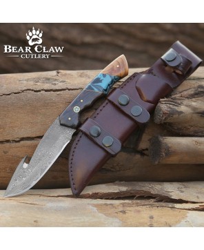 Damascus Gut Hook Knife with Wenge Wood & Turquoise Handle