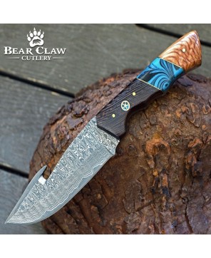 Damascus Gut Hook Knife with Wenge Wood & Turquoise Handle