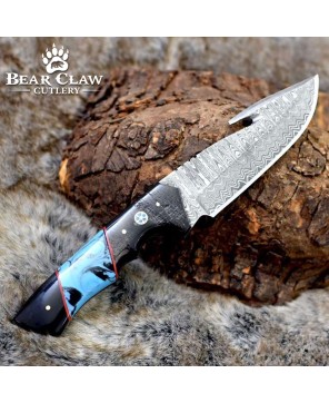 Damascus Gut Hook Knife with Horn & Turquoise Handle