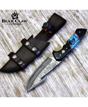 Damascus Gut Hook Knife with Horn & Turquoise Handle