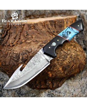 Damascus Gut Hook Knife with Horn & Turquoise Handle