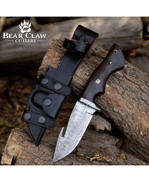 Damascus Hunting Knife with Gut Hook & Exotic Wenge Wood Handle