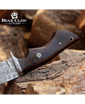 Damascus Hunting Knife with Gut Hook & Exotic Wenge Wood Handle