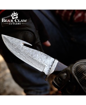 Damascus Hunting Knife with Gut Hook & Exotic Wenge Wood Handle