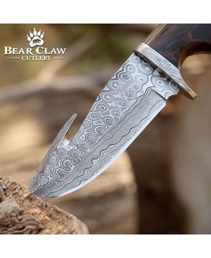 Damascus Hunting Knife with Gut Hook & Exotic Wenge Wood Handle