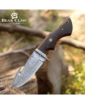 Damascus Hunting Knife with Gut Hook & Exotic Wenge Wood Handle