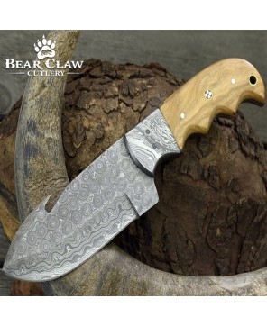 Damascus Gut Hook Knife with Olive Wood Handle