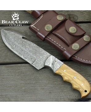 Damascus Gut Hook Knife with Olive Wood Handle