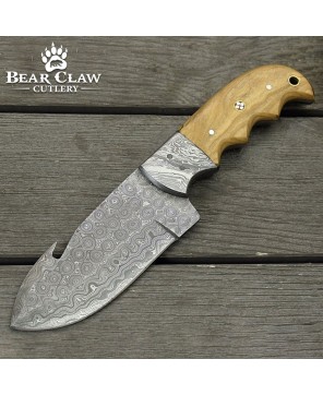 Damascus Gut Hook Knife with Olive Wood Handle