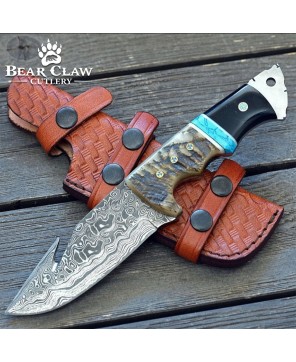 Damascus Gut Hook Knife with Ram Horn & Turquoise Handle