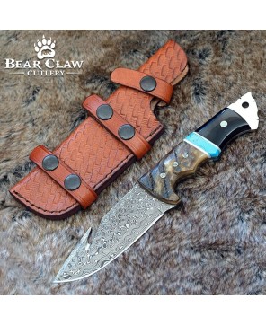 Damascus Gut Hook Knife with Ram Horn & Turquoise Handle