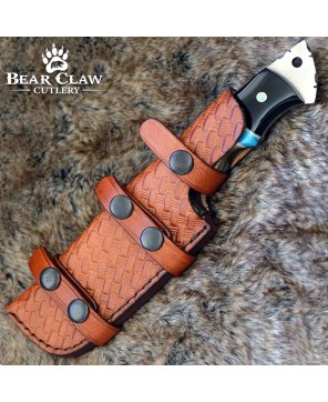 Damascus Gut Hook Knife with Ram Horn & Turquoise Handle