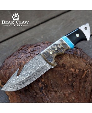 Damascus Gut Hook Knife with Ram Horn & Turquoise Handle