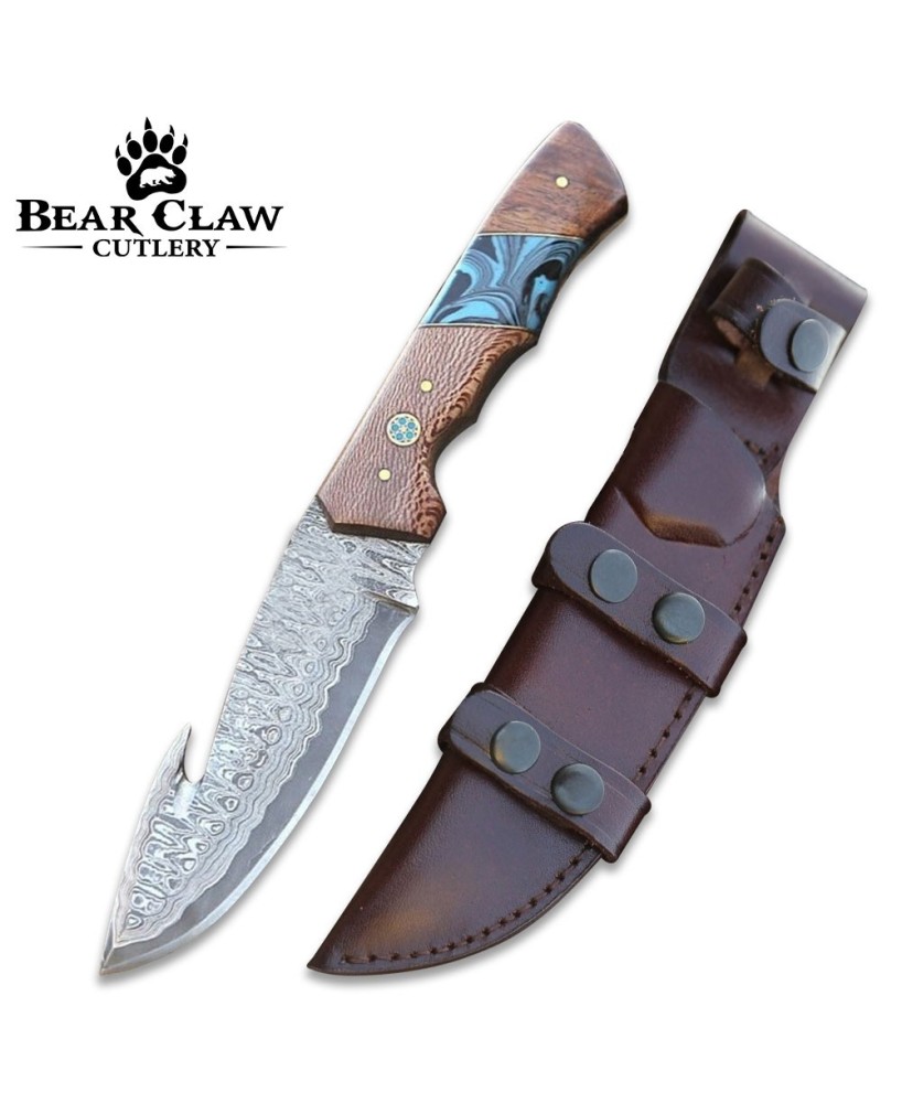 Damascus Hunting Knife with Gut Hook & Exotic Leopard Wood Handle