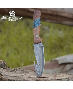 Damascus Hunting Knife with Gut Hook & Exotic Leopard Wood Handle