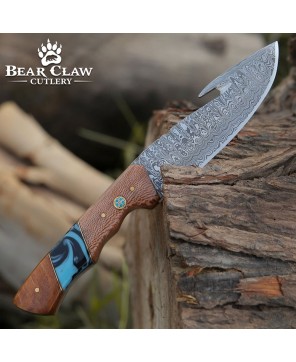 Damascus Hunting Knife with Gut Hook & Exotic Leopard Wood Handle