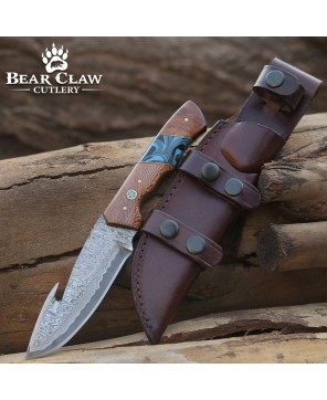 Damascus Hunting Knife with Gut Hook & Exotic Leopard Wood Handle